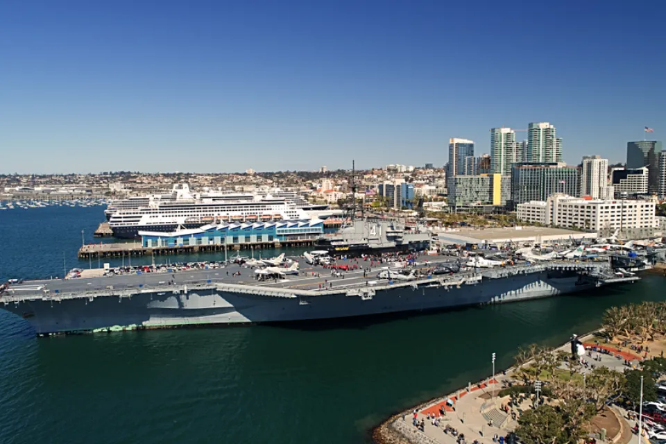 Aerial view of USS Midway aircraft carrier at San Diego waterfront